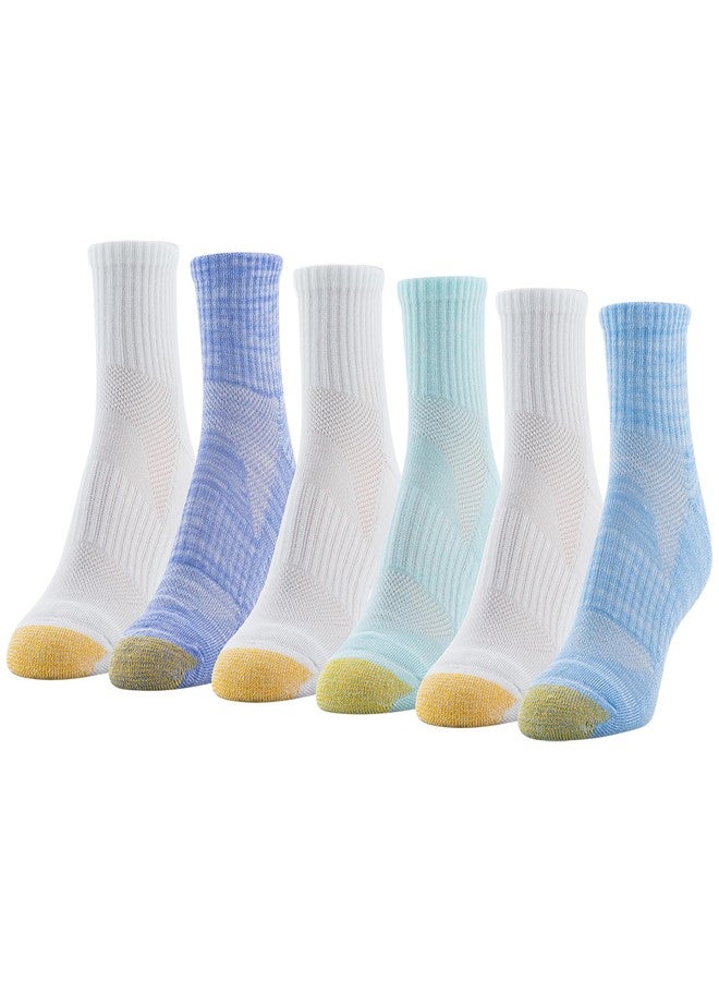 GOLDTOE جوارب رياضية نسائية من جولد تو، نصف مبطنة، ربعية، مع شبكة، 6 أزواج، ألوان متنوعة أبيض/أزرق فاتح، مقاس الحذاء: 6-9 - Image 1